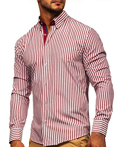BOLF Hombre Camisa de Rayas de Manga Larga Cuello Americano Camisa de Algodón Camise Elegante Slim fit Estilo Casual 20704 Burdeos L [2B2]