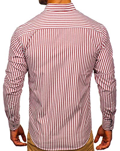 BOLF Hombre Camisa de Rayas de Manga Larga Cuello Americano Camisa de Algodón Camise Elegante Slim fit Estilo Casual 20704 Burdeos L [2B2]