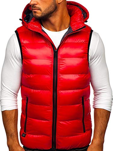 BOLF Hombre Chaleco Acolchado con Capucha Cazadora Cierre de Cremallera Chaqueta sin Manga Cuello Elevado Estilo Deportivo Nature 6506 Rojo L [1U1]