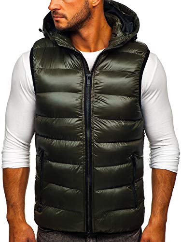 BOLF Hombre Chaleco Acolchado con Capucha Cazadora Cierre de Cremallera Chaqueta sin Manga Cuello Elevado Estilo Deportivo Nature 6506 Verde M [1U1]