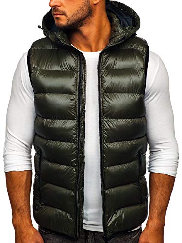 BOLF Hombre Chaleco Acolchado con Capucha Cazadora Cierre de Cremallera Chaqueta sin Manga Cuello Elevado Estilo Deportivo Nature 6506 Verde M [1U1]