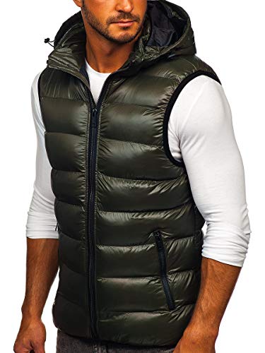 BOLF Hombre Chaleco Acolchado con Capucha Cazadora Cierre de Cremallera Chaqueta sin Manga Cuello Elevado Estilo Deportivo Nature 6506 Verde M [1U1]