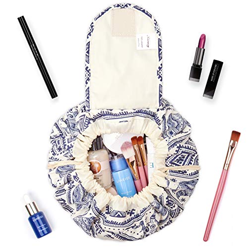 Bolsa de maquillaje portátil con cordón, bolsa de viaje para cosméticos, organizador de artículos de tocador, impermeable, grande, para mujeres y niñas, Elefante-1 (Beige) - NW1115
