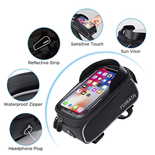 Bolsas de Bicicleta, TURATA Bolsa Impermeable para Bicicleta, Bolsa Táctil de Tubo Superior Delantero con Orificio para Auriculares para iPhone Samsung Teléfono Inteligente por Debajo de 6,5 Pulgadas