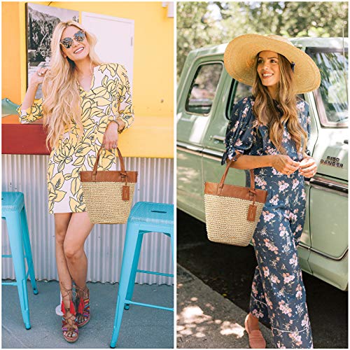 Bolso de Playa de Paja, JOSEKO Bolso de Punto para Mujer Bolso de Mimbre Bolso con manijas de Cuero Adecuado para Compras navideñas Compras Playas y Uso Diario Informal