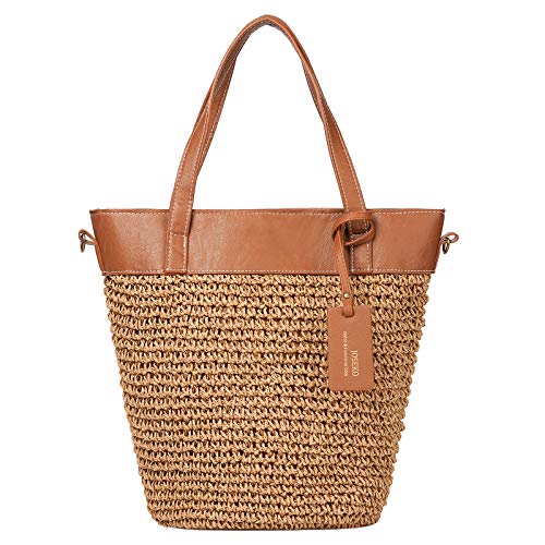 Bolso de Playa de Paja, JOSEKO Bolso de Punto para Mujer Bolso de Mimbre Bolso con manijas de Cuero Adecuado para Compras navideñas Compras Playas y Uso Diario Informal