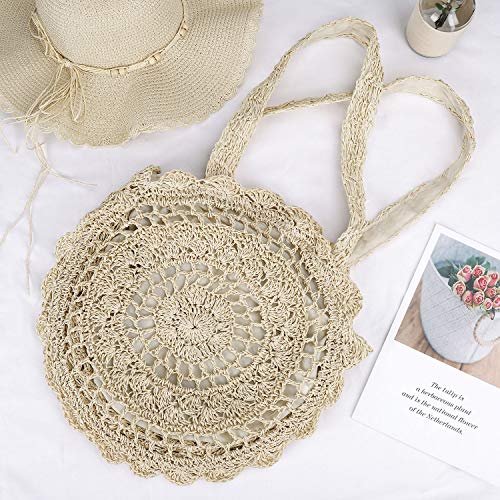 Bolso Redondo de la Paja Mujeres, Funda Grandes Flores Durchb Raya Webart, Bolsos de Bandolera Verano Hecho a Mano Totes de Playa Ratán Tejidas a Mano Para Estilo Boho Para Viajes, Fechas y Vacaciones