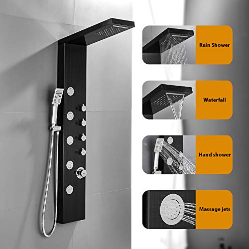 BONADE Panel de Ducha Negro Columna de Ducha Cascada con Ducha de Mano y 5 modos de Chorro Hidromasaje Sistema de Ducha de Acero Inoxidable para Baños