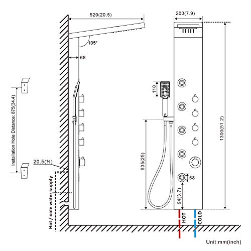 BONADE Panel de Ducha Negro Columna de Ducha Cascada con Ducha de Mano y 5 modos de Chorro Hidromasaje Sistema de Ducha de Acero Inoxidable para Baños