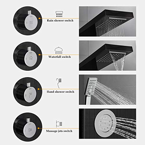 BONADE Panel de Ducha Negro Columna de Ducha Cascada con Ducha de Mano y 5 modos de Chorro Hidromasaje Sistema de Ducha de Acero Inoxidable para Baños