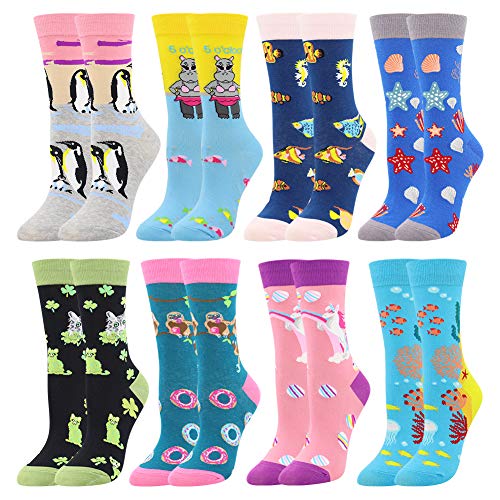 BONANGEL Calcetines Estampados de las Mujeres, Mujeres Ocasionales Calcetines Divertidos Impresos de Algodón de Pintura Famosa de Arte Calcetines, Calcetines de Colores de moda (8 Pares-Unicorn2)