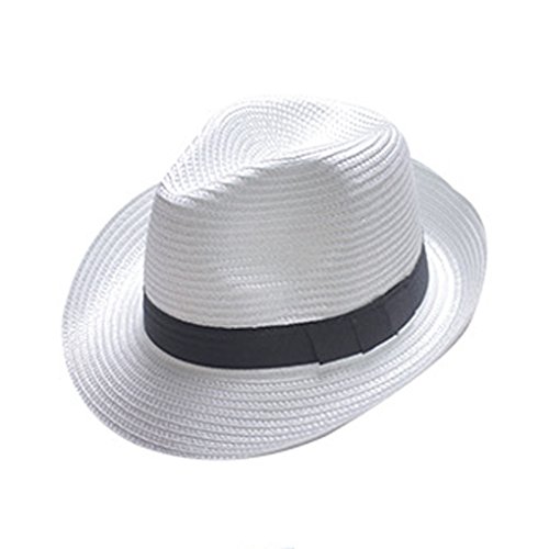 Boolavard Mujeres de ala Ancha de Paja Panamá Enrollado Sombrero Fedora Beach Sun Hat UPF50 + (Blanco)
