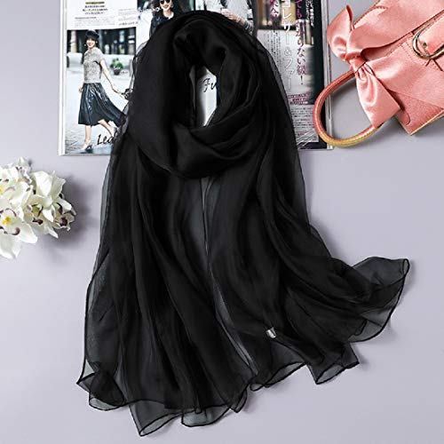 Boomly Pañuelo de Seda Mujer Largo Gasa Fular Ligero Delgado Mantón Bufanda Protector Solar Chals Verano Playa Estolas (Negro, 180 * 120CM)