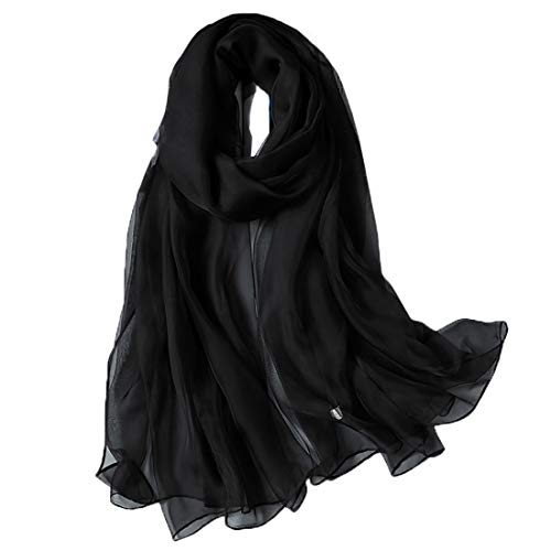 Boomly Pañuelo de Seda Mujer Largo Gasa Fular Ligero Delgado Mantón Bufanda Protector Solar Chals Verano Playa Estolas (Negro, 180 * 120CM)