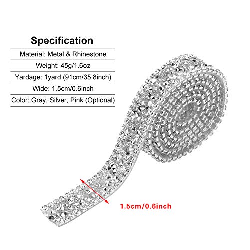Borde de la cinta de diamantes de imitación, 1 yarda 15 mm Rollo de malla de diamante Rollo Sparkle Decoración de la cinta de diamantes de imitación de cristal para la ropa Vestido Cinturón(Plata)