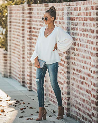 Botanmu Tamaño Extra Suelto de Mujer Camiseta de Manga Larga de Gasa Blusa de Manga Larga Blusas de Gasa Camiseta 4 Colores (Blanco)