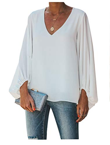 Botanmu Tamaño Extra Suelto de Mujer Camiseta de Manga Larga de Gasa Blusa de Manga Larga Blusas de Gasa Camiseta 4 Colores (Blanco)