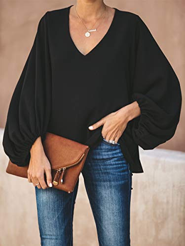 Botanmu Tamaño Extra Suelto de Mujer Camiseta de Manga Larga de Gasa Blusa de Manga Larga Blusas de Gasa Camiseta 4 Colores (Negro)