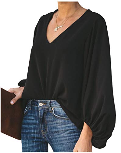 Botanmu Tamaño Extra Suelto de Mujer Camiseta de Manga Larga de Gasa Blusa de Manga Larga Blusas de Gasa Camiseta 4 Colores (Negro)