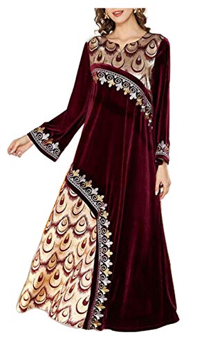 Botanmu Vestido Islámico Abaya Maxi Vestido Manga Larga Cuello Redondo Vestido Terciopelo Largo Azul/Rosa/Verde/Rojo Vino (Rojo Vino, Talla única)