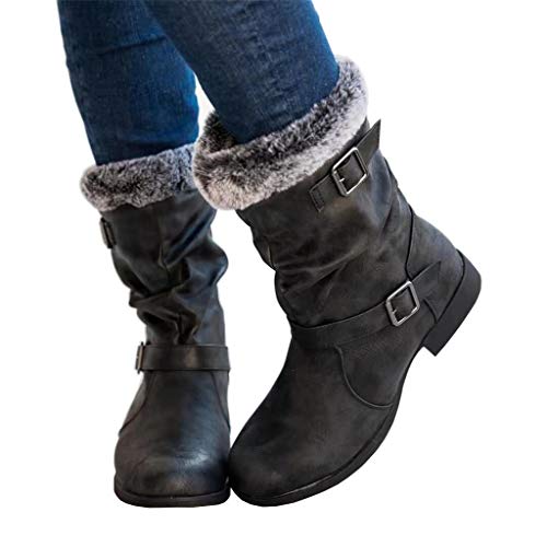 Botas Altas Invierno Mujer, Botas de Nieve Caña Ancha Zapatos Mujer Cuña Planos Sintética Peluche Jinete Bajo Cómodos Peludas Calentitas 2020