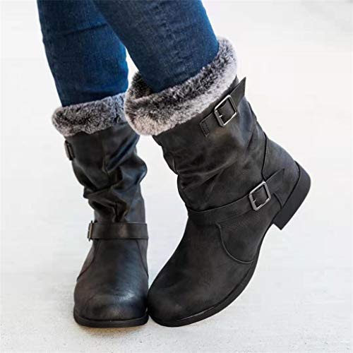 Botas Altas Invierno Mujer, Botas de Nieve Caña Ancha Zapatos Mujer Cuña Planos Sintética Peluche Jinete Bajo Cómodos Peludas Calentitas 2020