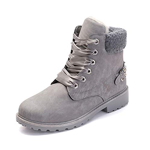 Botas Nieve Mujer Otoño Invierno Calentar Piel Forro Botines Retro Snow Boots Cordones Zapatillas Planas Gris 38