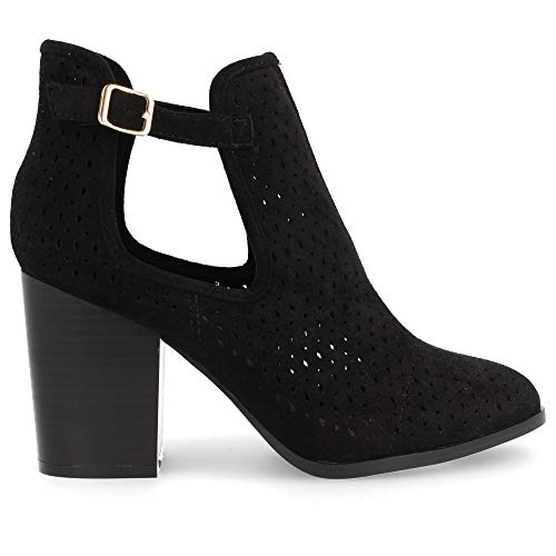 Botin de Mujer campero de Tacon Alto con Lateral Abierto y Corte Calado Primavera Verano 2019. Talla 38 Negro