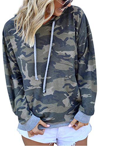 BOUYDM Mujer Sudadera con Capucha Manga Larga de Algodón Estampado Camuflaje Suéter Encapuchado Camiseta Tops Pullover Gris 2XL