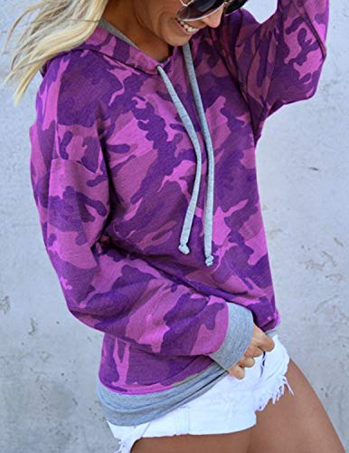 BOUYDM Mujer Sudadera con Capucha Manga Larga de Algodón Estampado Camuflaje Suéter Encapuchado Camiseta Tops Pullover Morado 2XL