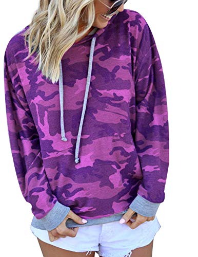 BOUYDM Mujer Sudadera con Capucha Manga Larga de Algodón Estampado Camuflaje Suéter Encapuchado Camiseta Tops Pullover Morado 2XL