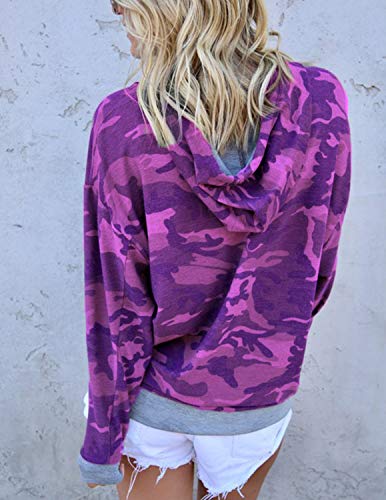 BOUYDM Mujer Sudadera con Capucha Manga Larga de Algodón Estampado Camuflaje Suéter Encapuchado Camiseta Tops Pullover Morado L