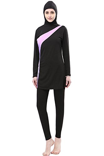 BOZEVON Mujeres 2 Pieza Cómodo Elegante Musulmán Modeste Traje de Baño Completa Muslim Swimwear Beachwear Burqini Burkini Tankini, Negro+Morado, EU M=Tag L