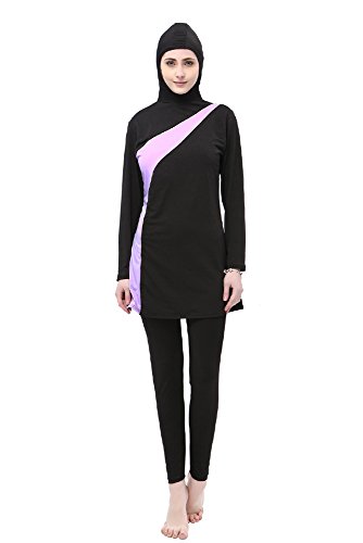 BOZEVON Mujeres 2 Pieza Cómodo Elegante Musulmán Modeste Traje de Baño Completa Muslim Swimwear Beachwear Burqini Burkini Tankini, Negro+Morado, EU M=Tag L