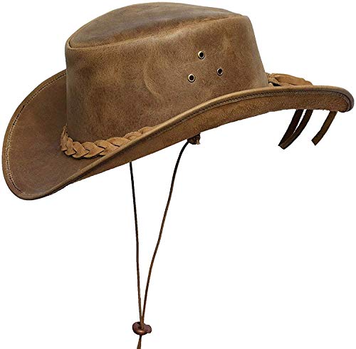 BRANDSLOCK Sombrero de vaquero para hombre, de piel auténtica, bajo ala ancha, estilo australiano, estilo occidental