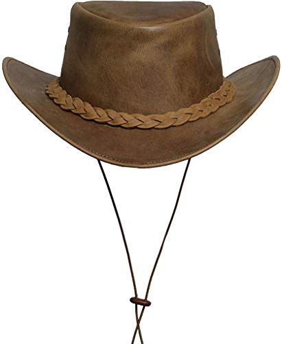 BRANDSLOCK Sombrero de vaquero para hombre, de piel auténtica, bajo ala ancha, estilo australiano, estilo occidental