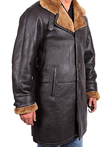 Brandslock Vintage Hombres Shearling Shearling Cuero Marrón Duffle Coat