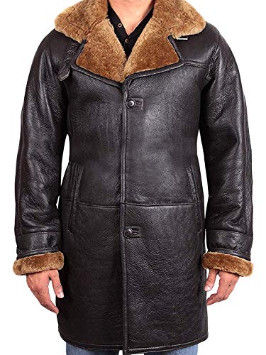 Brandslock Vintage Hombres Shearling Shearling Cuero Marrón Duffle Coat