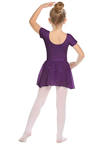 Bricnat Vestido de ballet para niña, vestido de ballet, manga corta, camiseta de ballet, de algodón con falda de gasa, tutú morado 150 cm