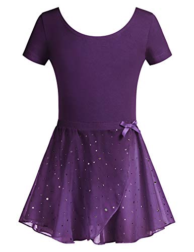 Bricnat Vestido de ballet para niña, vestido de ballet, manga corta, camiseta de ballet, de algodón con falda de gasa, tutú morado 150 cm