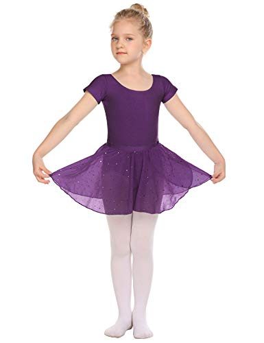 Bricnat Vestido de ballet para niña, vestido de ballet, manga corta, camiseta de ballet, de algodón con falda de gasa, tutú morado 150 cm