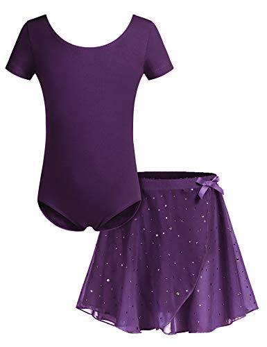 Bricnat Vestido de ballet para niña, vestido de ballet, manga corta, camiseta de ballet, de algodón con falda de gasa, tutú morado 150 cm