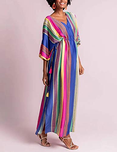 Bsubseach Mujer Maxi Vestido De Playa con Cuello En V Turco Kaftan Rayas Coloridas Traje De Baño