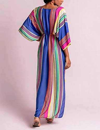 Bsubseach Mujer Maxi Vestido De Playa con Cuello En V Turco Kaftan Rayas Coloridas Traje De Baño