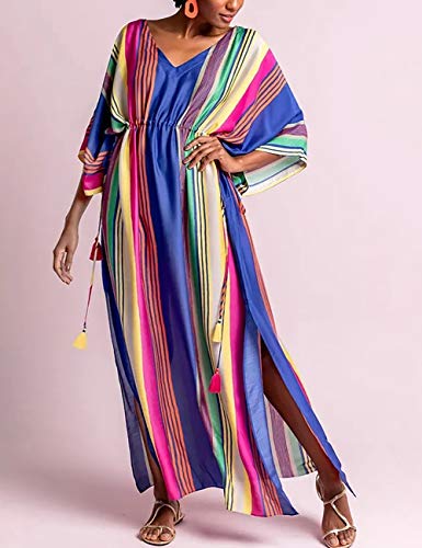 Bsubseach Mujer Maxi Vestido De Playa con Cuello En V Turco Kaftan Rayas Coloridas Traje De Baño