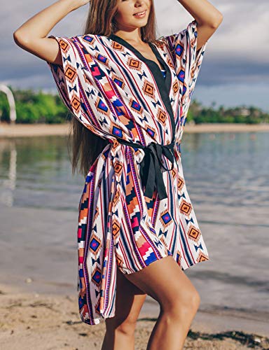Bsubseach Mujer Túnica Playera de Estampado Kimono Cárdigan con Mangas 3/4 Cubrir Bikini Pareo de Playa