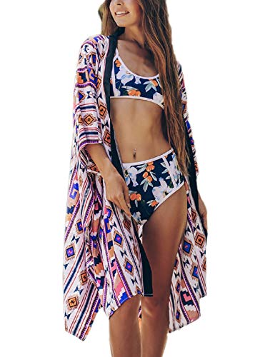Bsubseach Mujer Túnica Playera de Estampado Kimono Cárdigan con Mangas 3/4 Cubrir Bikini Pareo de Playa