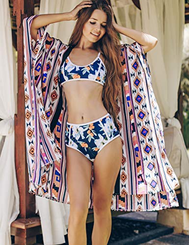 Bsubseach Mujer Túnica Playera de Estampado Kimono Cárdigan con Mangas 3/4 Cubrir Bikini Pareo de Playa