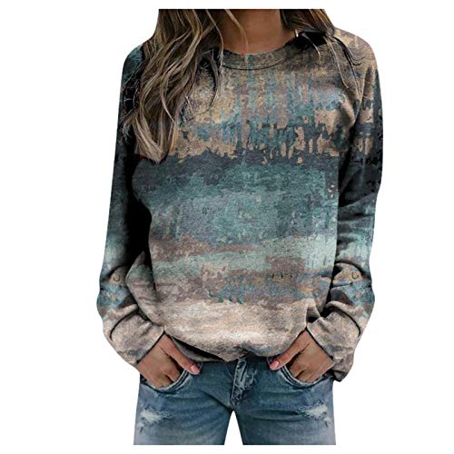 BuckerLer Sudadera para Mujer Moda de Manga Larga con Cuello Redondo Estampado de Paisaje, Jersey Informal de Primavera y Otoño para Mujer Sudaderas Baratas para Mujer Abrigo Deportivo (Azul, XXXL)