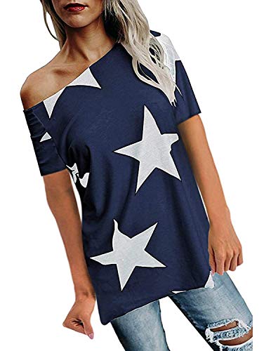 BUOYDM Mujer Camiseta de Fiesta Manga Corta Sin Tirantes Casual T-Shirt para Verano Azul Small